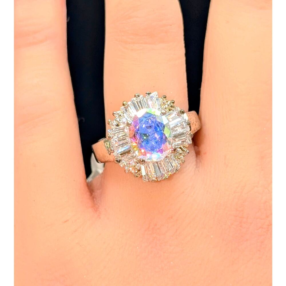 AB & Baguette Halo CZ Silver Tone Cocktail Fashion Ring Size 8.75-9